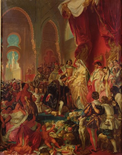 Christoffel Columbus (1450-1506) voor Ferdinand II (1452-1516) van Aragon en Isabella (1451-1504) van Castilië, 1861 door Eugene Deveria